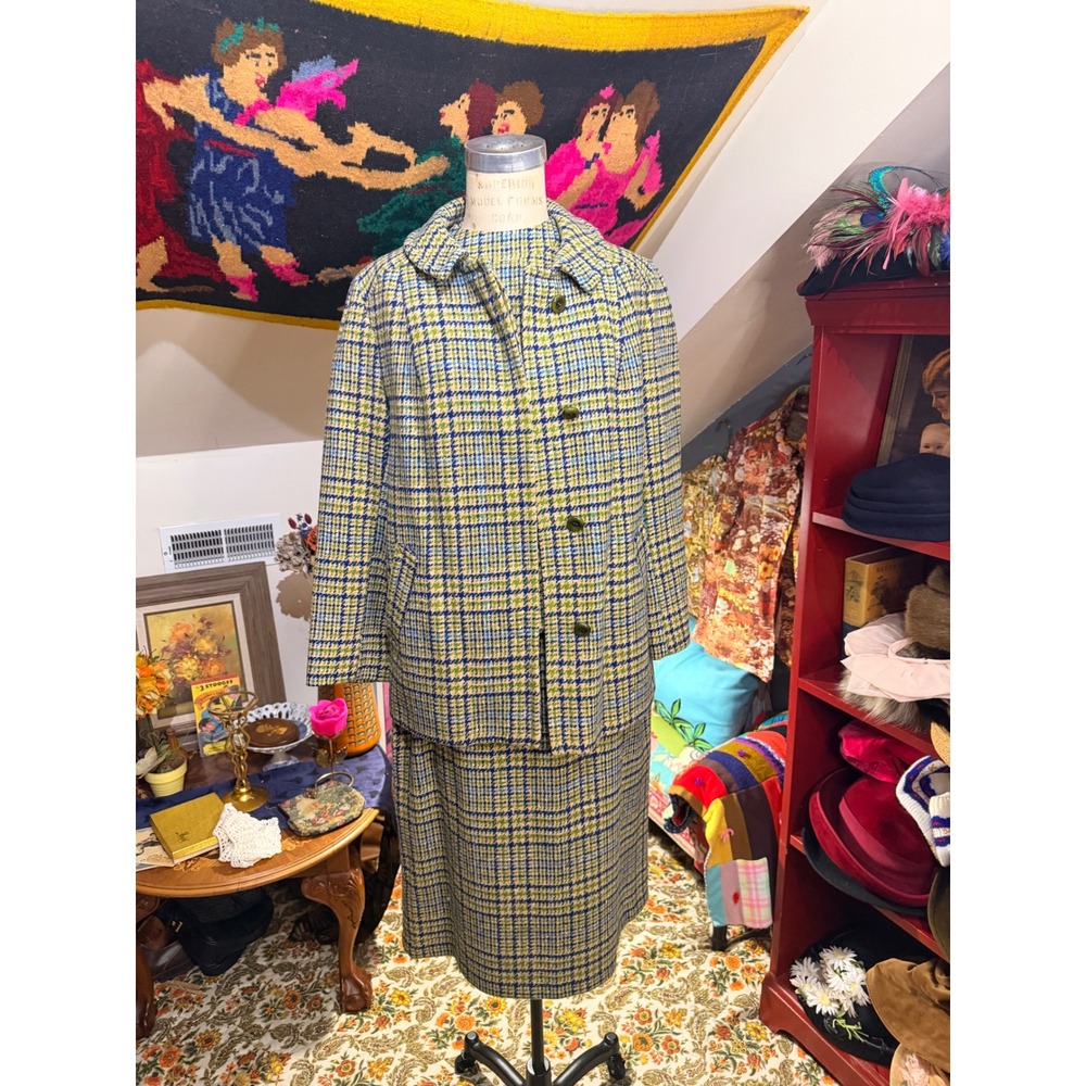 Vintage 60s Pendleton 3pc Wool Skirt Suit Blue Green Houndstooth Plaid Size 16 - Picture 2 of 10